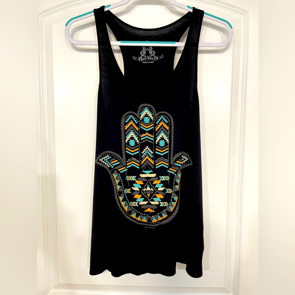 Bear Dance, Women’s black tank top with sequined Hamsa Hand logo, L